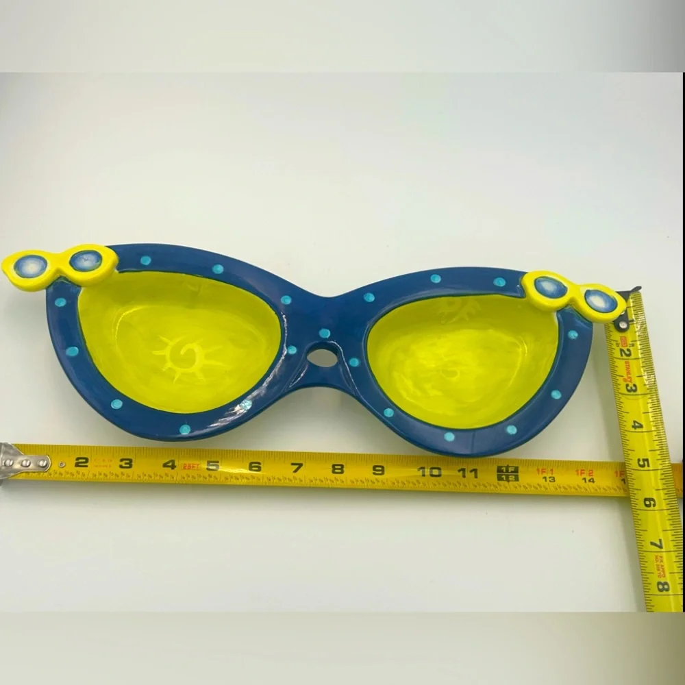 Dennis East HAND PAINTED Ceramic Sunglasses Divided Serving Dish 14” Blue Yellow